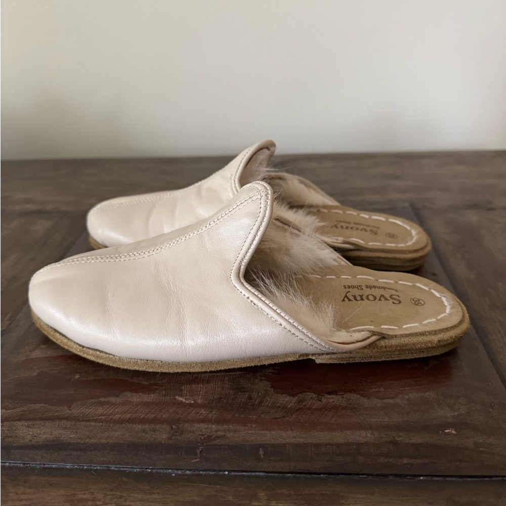 Svony Ivory‎ Leather Shearling Handmade Shoes Slippers women’s 5